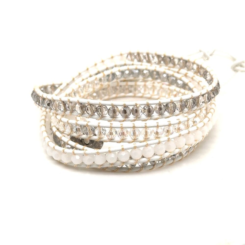 Victoria Emerson White Leather Crystal Five Wrap Bracelet Boho Adjustable Clasp